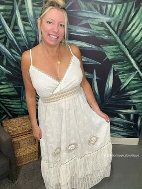 Boho White Eyelet Maxi Dress with Gold Embroidery